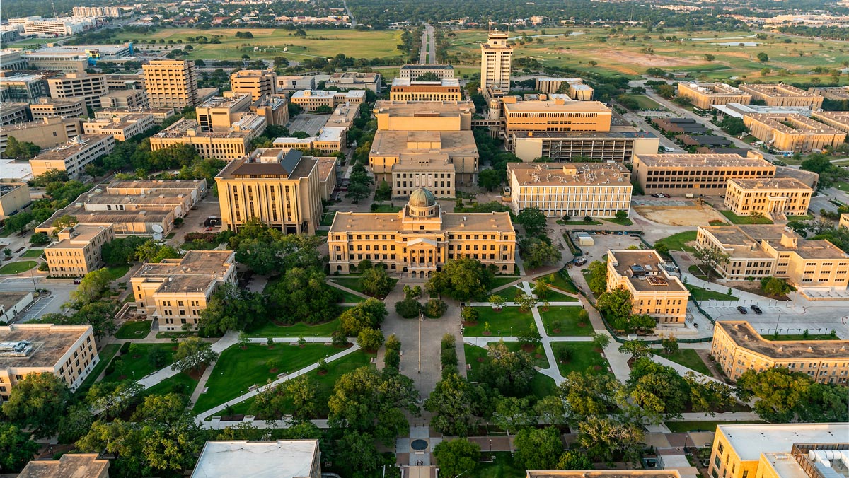 Aerial view of the Texas A&M University College Station campus focused on the Academic Building.