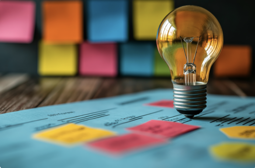 LIghbulb on top of desk with sticky notes