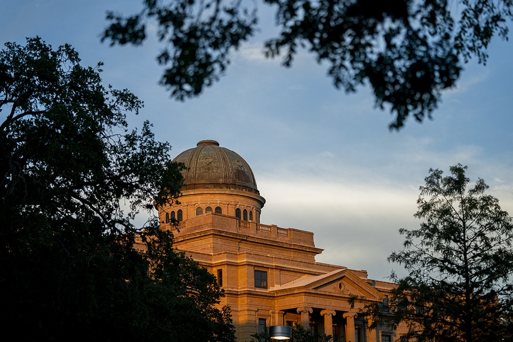 Jack K Williams Administration building at sunset