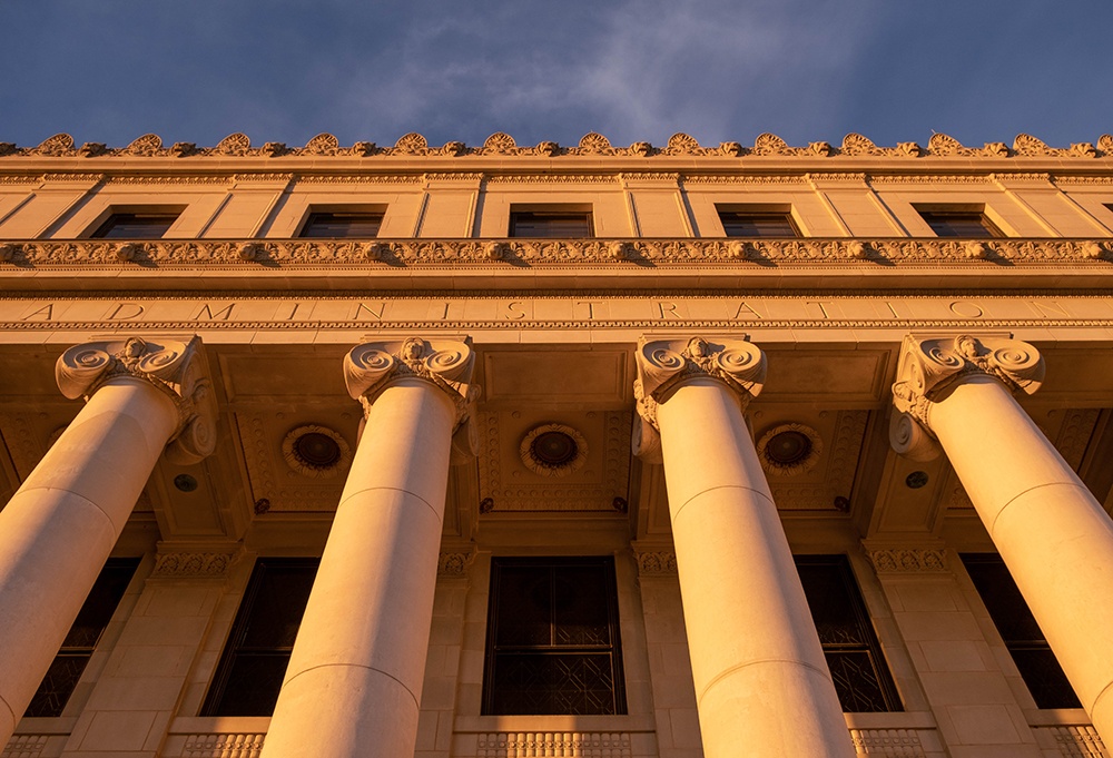 Jack K Williams Administration building at sunset